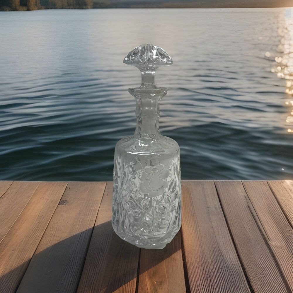 1970s Clear Crystal Etched Rose‎ Glass Liquor Decanter Barware Glassware